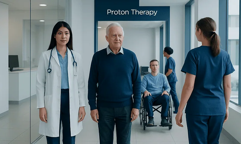 Proton Therapy: How It Works, Who May Be a Candidate, and Side Effects 10 Patients and medical staff in a proton therapy treatment center.