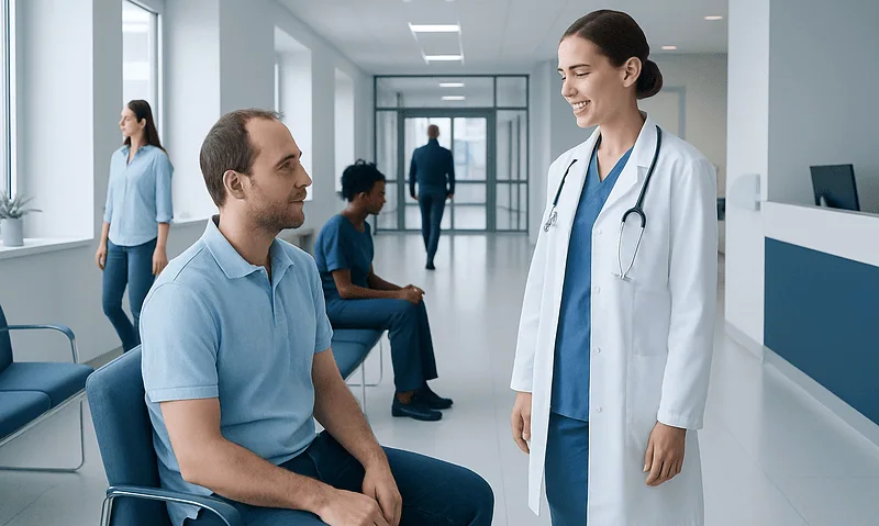 Doctor talking to patient in hospital corridor with other patients in background.