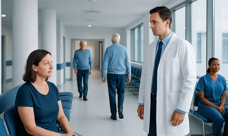 Doctor consulting a patient in a hospital corridor with staff in the background.