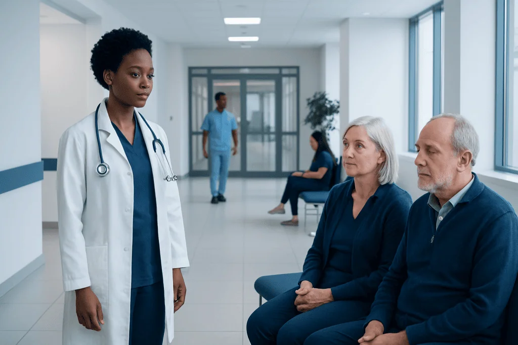 Pulmonary Disease: Types, Symptoms, and How Doctors Diagnose It 1 Doctor consulting elderly patients in hospital corridor.