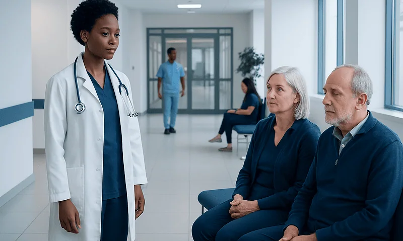 Doctor consulting elderly patients in hospital corridor.