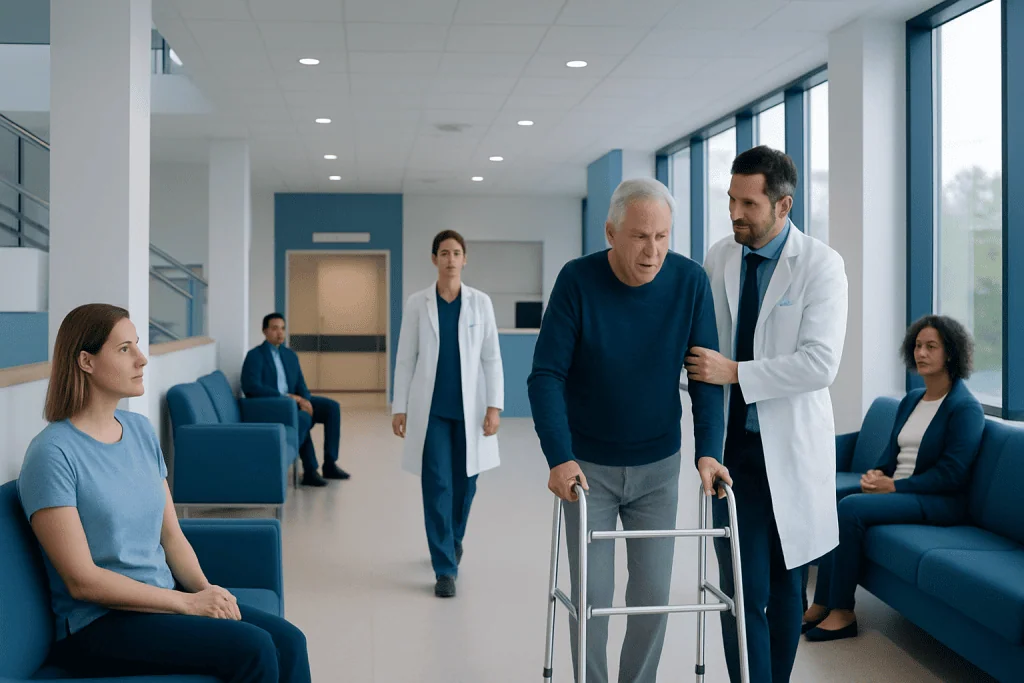 Pulmonary Embolism Recovery: Blood Thinners, Activity, and Follow-Up Care 1 Elderly man with walker receiving support from doctor in hospital corridor.