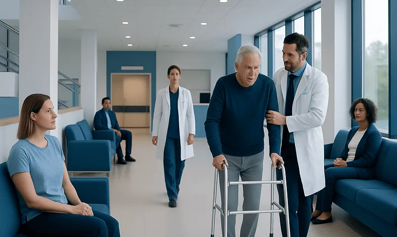 Elderly man with walker receiving support from doctor in hospital corridor.