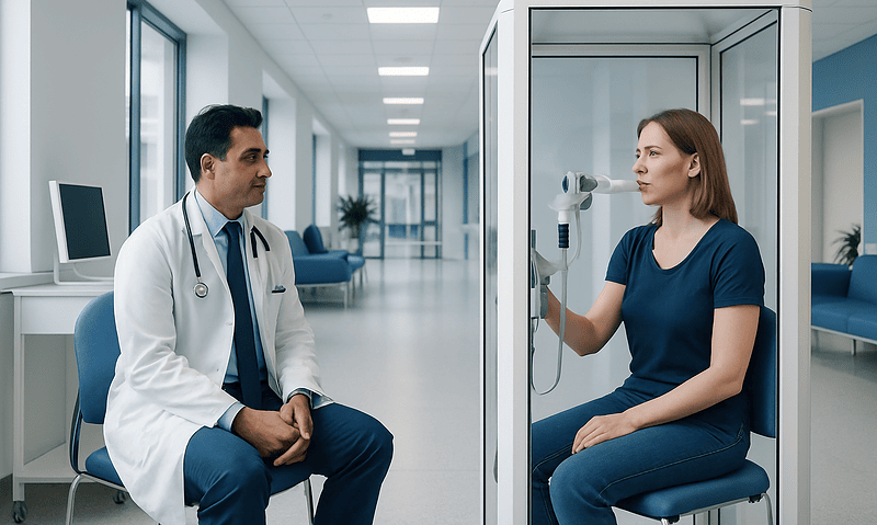 Pulmonary function test being performed in a modern hospital setting.