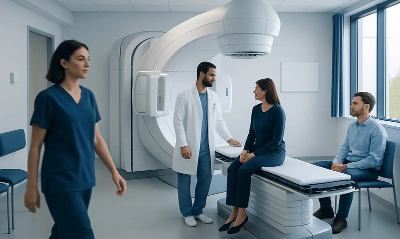 Medical team preparing for radiation therapy in a modern hospital room.