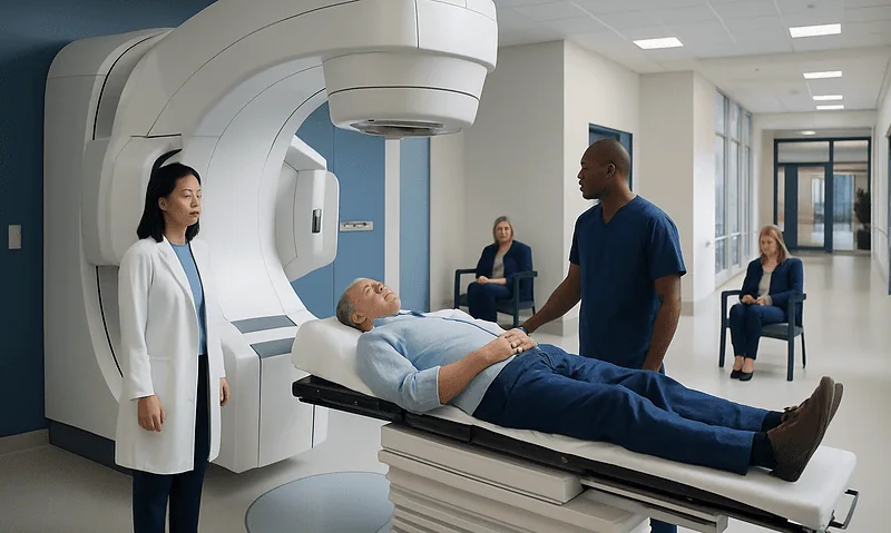 Patient undergoing radiation therapy in a modern hospital setting.
