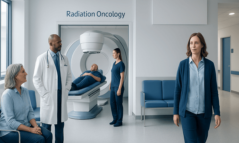 Medical team preparing for radiation therapy in a hospital setting.