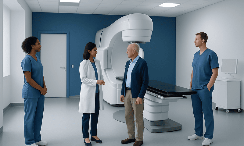 Radiation Oncology: How Treatment Is Planned and Delivered 10 Medical team preparing for radiation therapy in a modern hospital room.