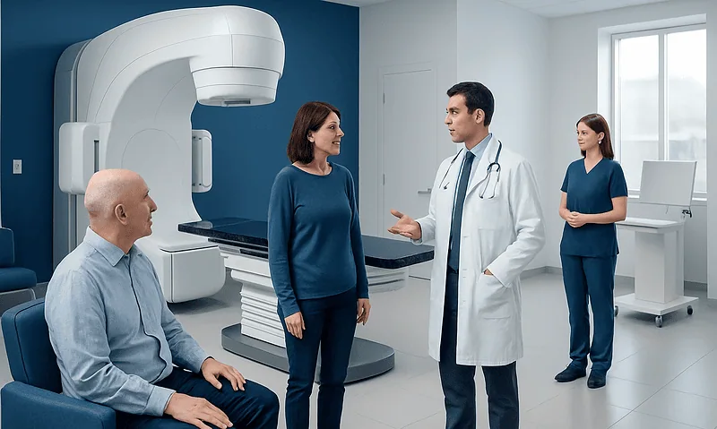 What Is Radiation Oncology? How Cancer Radiation Treatment Works 2 Medical team discussing treatment with patient in radiology room at Acibadem Hospital.