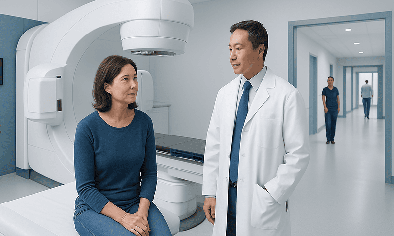Medical professional discussing with patient in radiation therapy room.