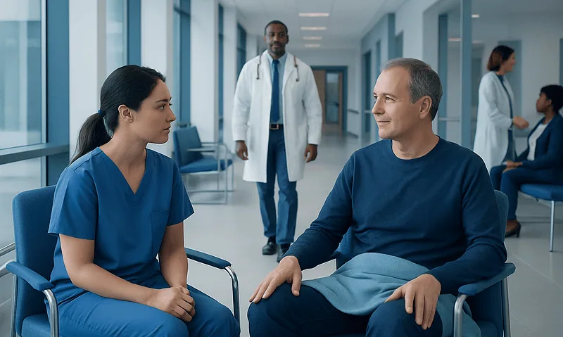 Patient and nurse in hospital corridor during kidney transplant recovery consultation.