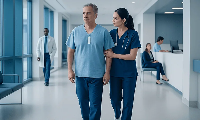 Patient walking with nurse in hospital corridor after minimally invasive coronary bypass.