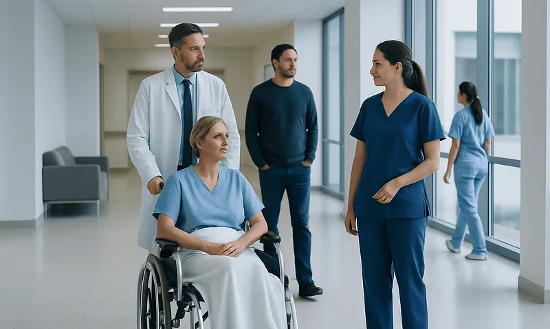 Hospital staff consulting with a patient in a wheelchair in a modern hospital corridor.