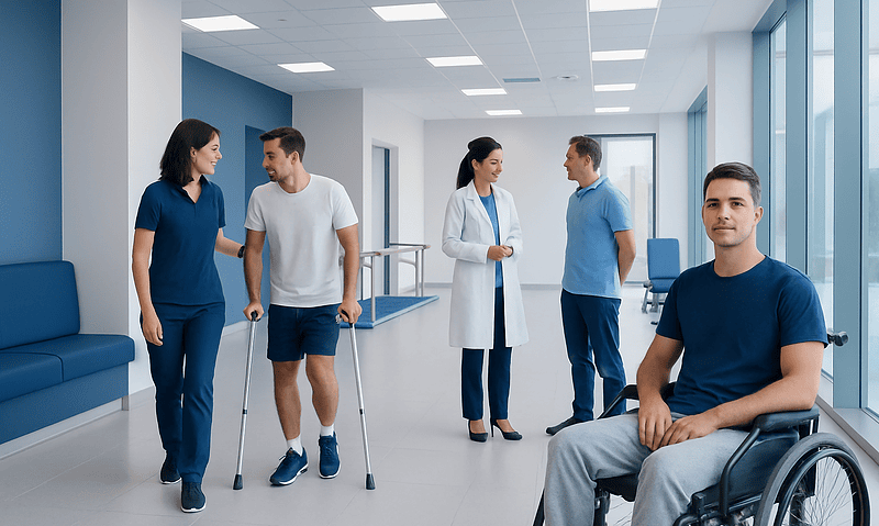 Patients and medical staff in a modern rehabilitation center in Turkey.