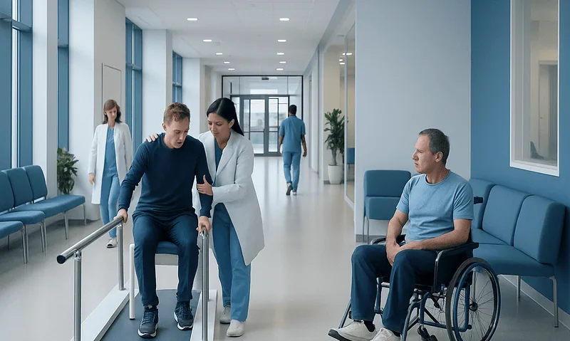 Health Library 7 Patient using crutches with nurse assistance in hospital corridor.