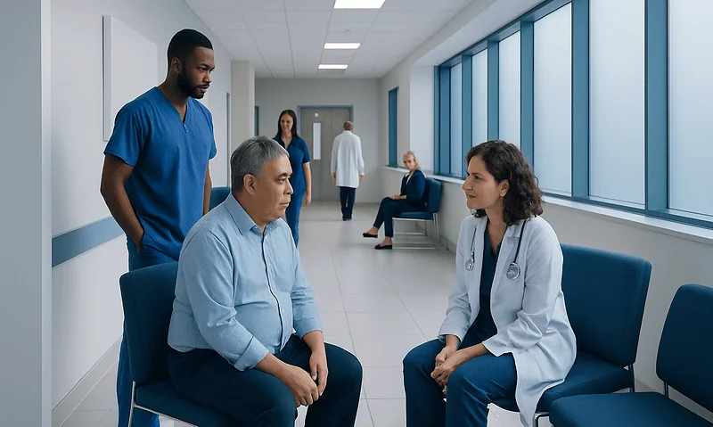 Doctor consulting with a patient in a hospital corridor.