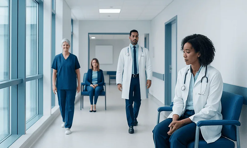 Medical team in hospital corridor, patient waiting area, healthcare professionals.