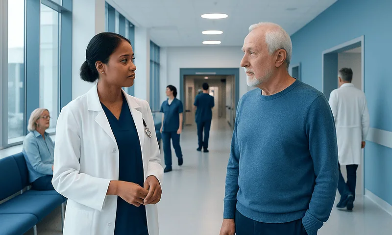 Doctor consulting with senior male patient in hospital corridor.