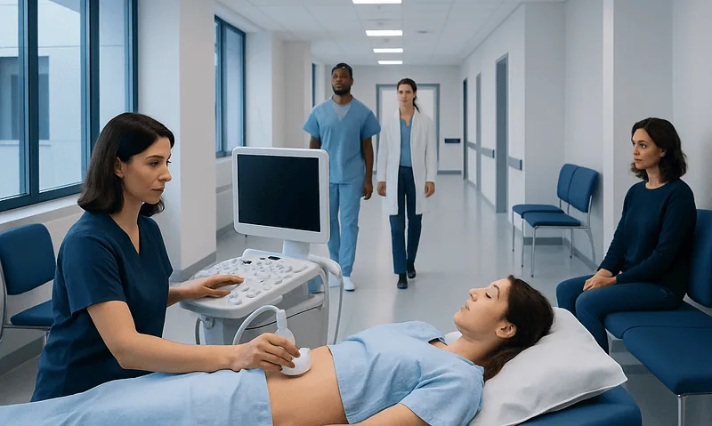 Medical professionals perform an ultrasound on a patient in a hospital corridor.