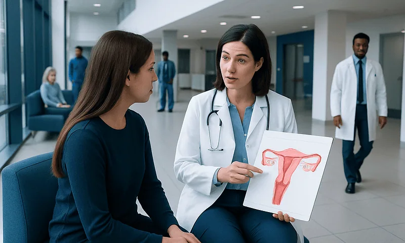 Doctor explaining reproductive health to a patient in a hospital corridor.