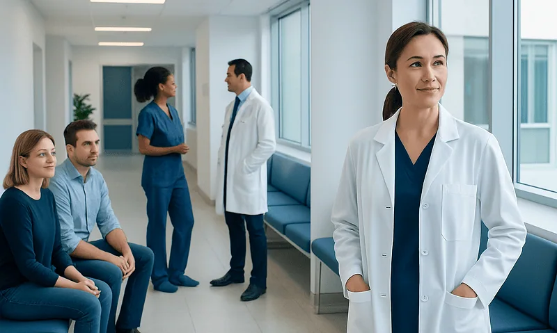 Medical team consulting in a modern hospital corridor.