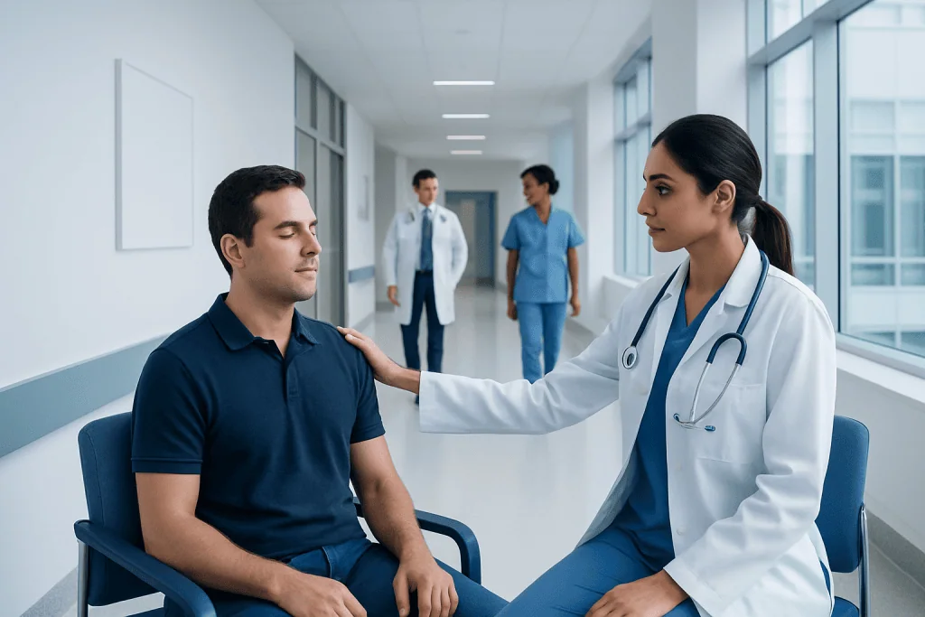 How Respiration Works: Oxygen, Carbon Dioxide, and Gas Exchange 1 Doctor comforting patient in hospital corridor with medical staff in background.