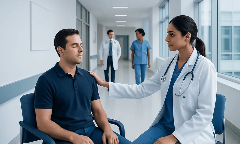 Doctor comforting patient in hospital corridor with medical staff in background.
