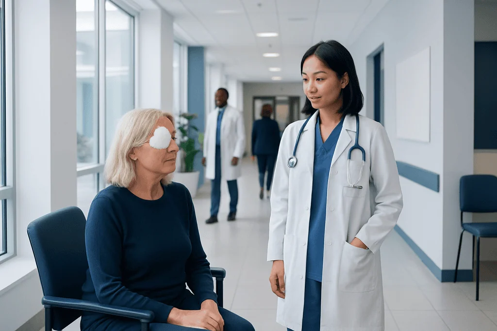 Retina Surgery Recovery: Vision Changes, Activity Limits, and Warning Signs 1 Ophthalmologist consulting elderly patient with eye patch in hospital corridor.