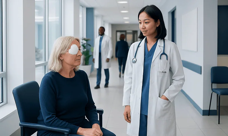 Ophthalmologist consulting elderly patient with eye patch in hospital corridor.