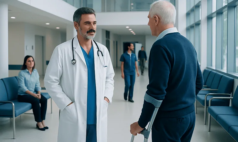 Doctor consulting with elderly patient in hospital corridor.
