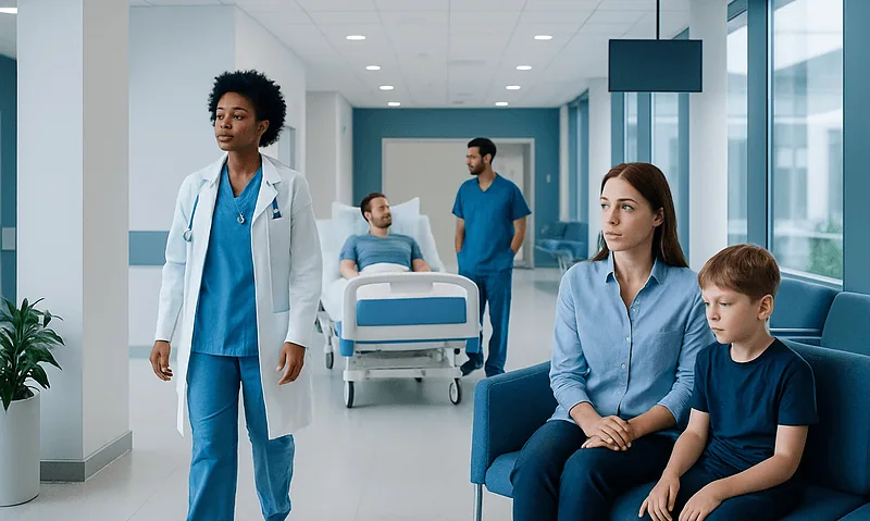 Hospital corridor with medical staff and patients in a modern healthcare facility.