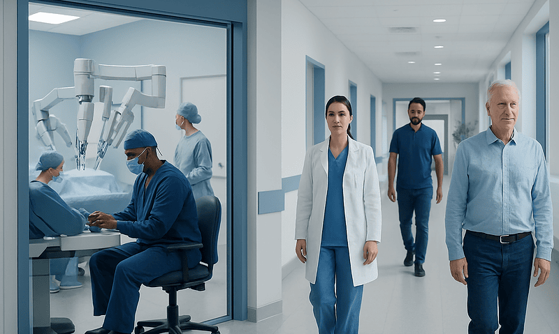 Robot-Assisted Prostate Surgery: Who May Be a Good Candidate? 4 Medical team performing robot-assisted prostate surgery in a modern hospital.
