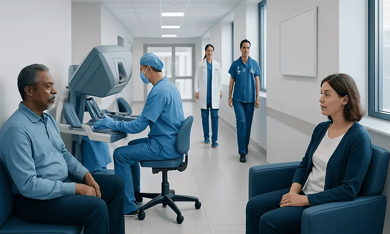Urologist preparing patient for prostate surgery in hospital corridor.