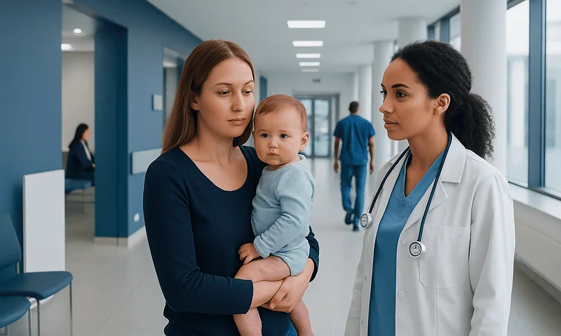 Mother with baby consulting a doctor in hospital corridor.