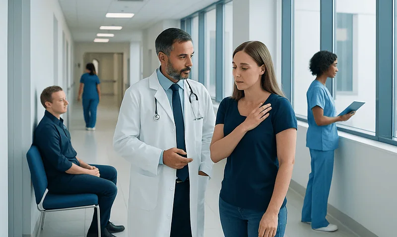 Doctor consulting with a patient in a hospital corridor.