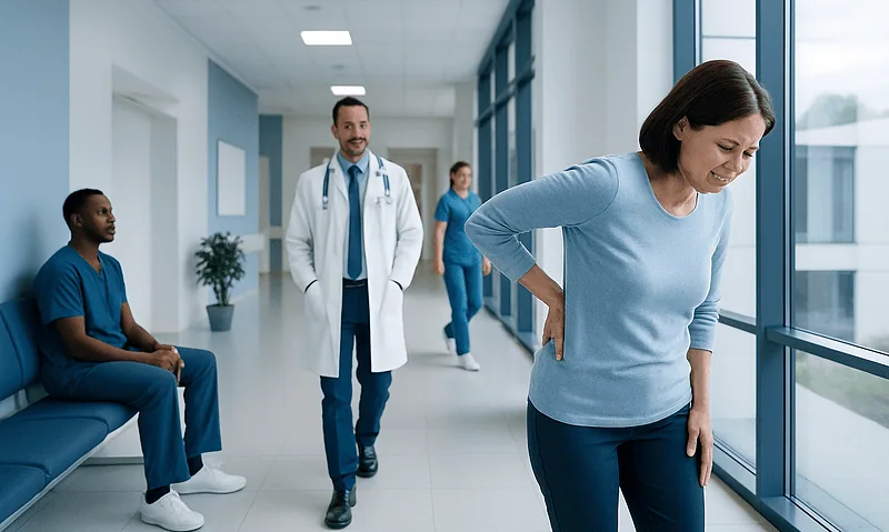 Woman with lower back pain in hospital corridor with medical staff nearby.