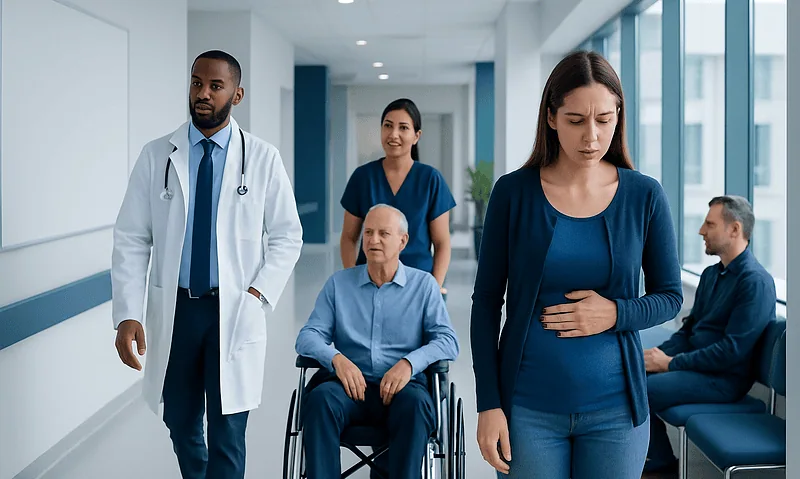 Concerned woman in hospital corridor with medical staff and patients.