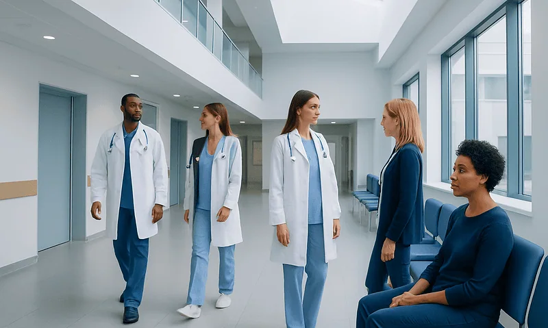 Medical team discussing patient care in hospital corridor.