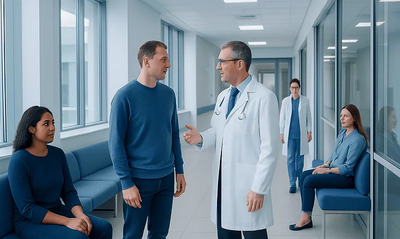 Doctor consulting with patient in hospital corridor with waiting patients.