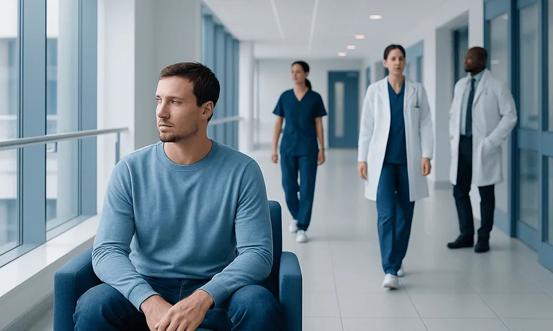 Patient waiting in hospital corridor with medical staff nearby.