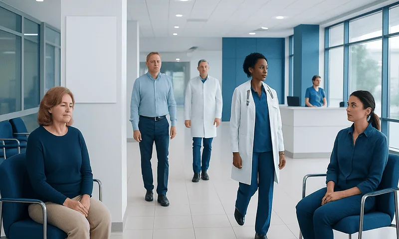 Medical professionals and patients in a hospital waiting area.