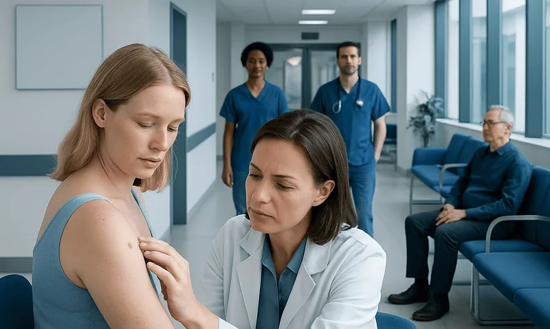 Doctor examining a patient's shoulder in a hospital corridor.