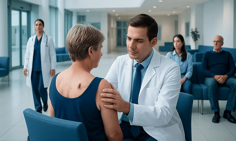 Doctor examining an elderly woman's shoulder in a hospital setting.