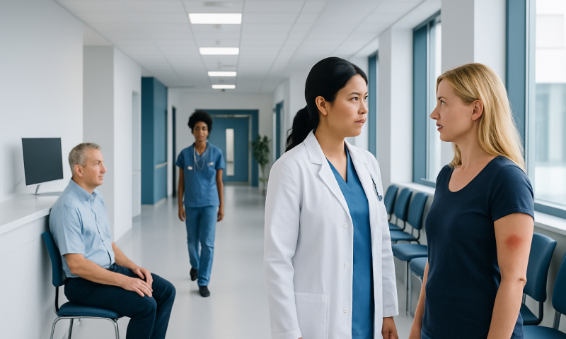 Doctor consulting a patient in a hospital corridor.