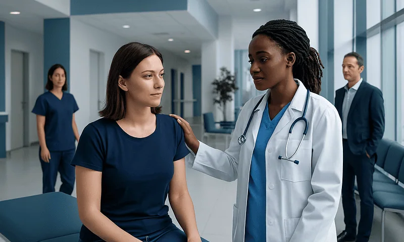 Doctor consulting patient in a modern hospital setting.