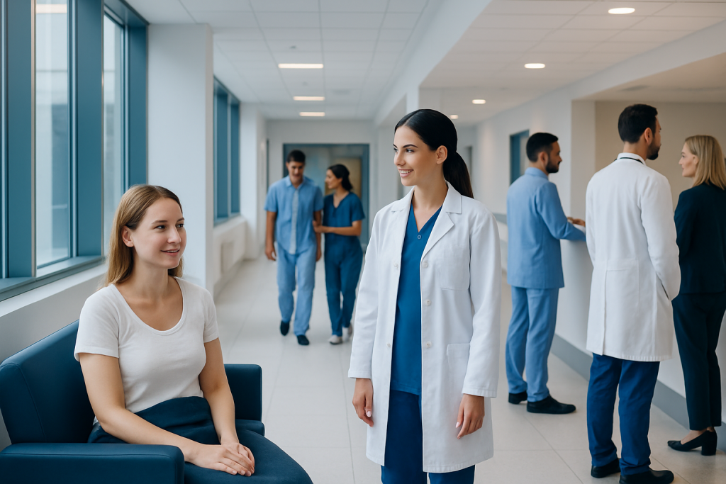 Skin Treatment Recovery: Redness, Peeling, Aftercare, and When Healing Is Not Normal 1 Healthcare professionals and patient in a modern hospital corridor.