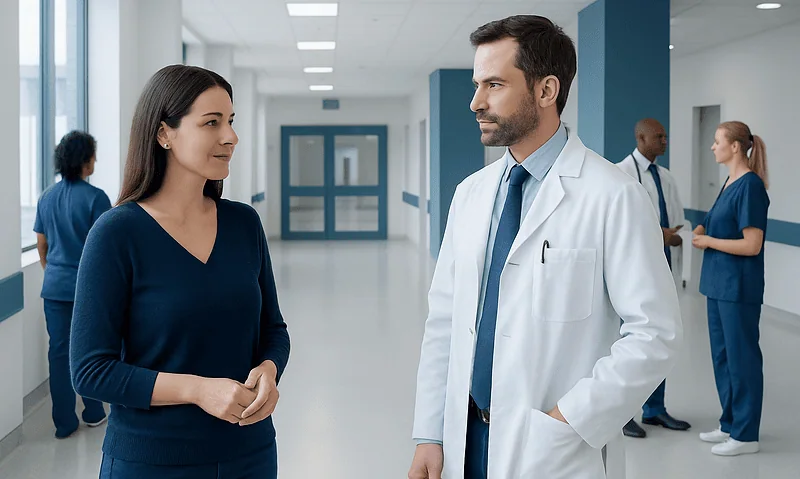Doctor and patient discussing in hospital corridor.