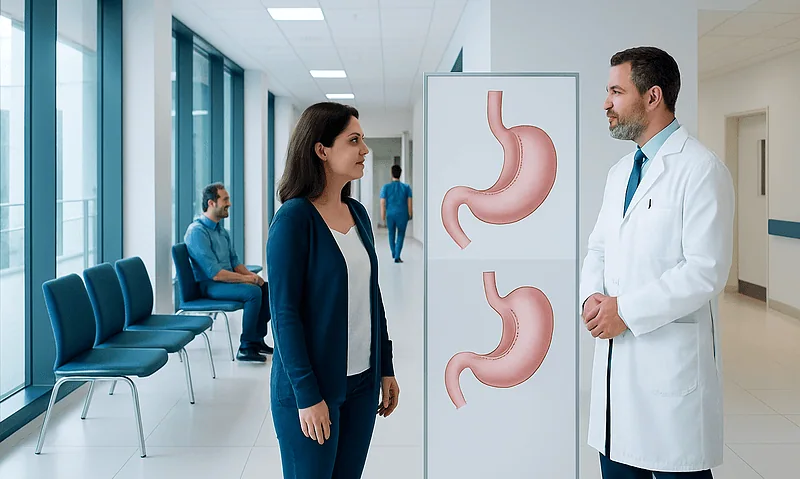 Doctor explaining stomach surgery to a patient in a hospital corridor.