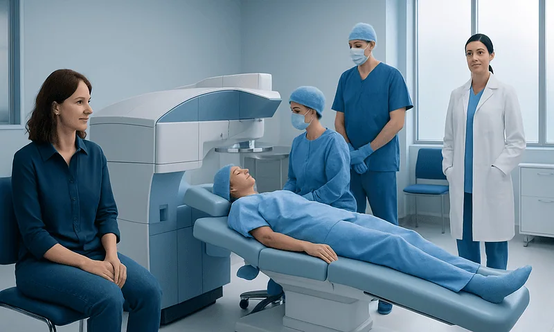 Patient undergoing eye surgery at Acibadem Hospital with medical team present.