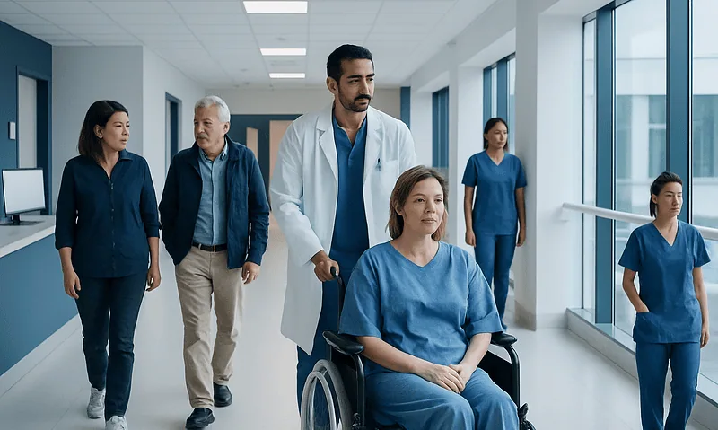 Soft Tissue Sarcoma Surgery: Candidacy, Limb-Sparing Options, and Recovery 1 Medical team assisting a patient in a wheelchair in hospital corridor.